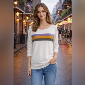 Fantastic Fawn Cream Long-Sleeve Crewneck with Purple Green Yellow Stripes Nola
